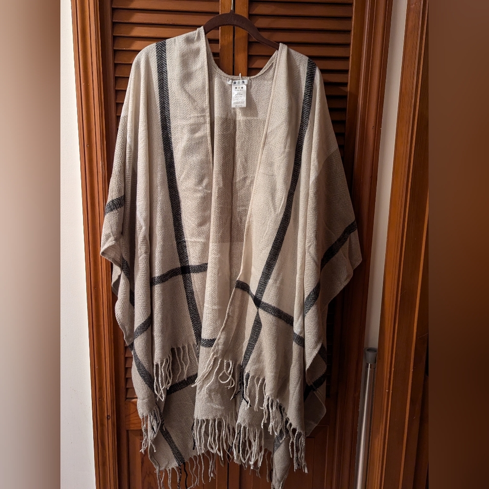 Three Dots Beige and Black Striped Poncho